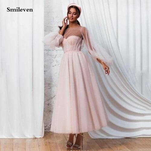 Smileven Light Pink Short Prom Dresses Puff Sleeve Corset Boning Ankle length Formal Party Gown Custom Made