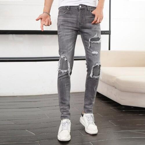 HOT Fall 2021 fashion street style ripped jeans mens solid denim trousers crime new leisure slim hipster jeans