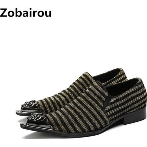 Zobairou mens dress shoes genuine leather striped velvet slip on loafers steel toe spiked oxford office shoe for man italian