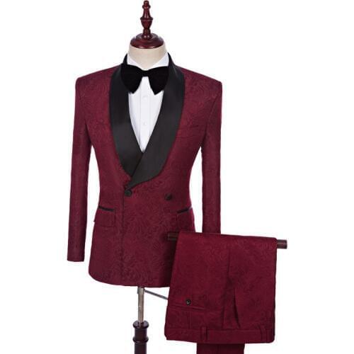 Men Tuxedos Slim Fit Big Shawl Lapel Wedding Groom Suit Banquet Party Prom Business Causal Double Breasted Two Buttons Wine Red
