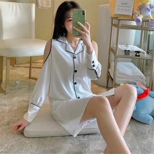 Nightdress women spring and summer long-sleeved strapless casual sexy rayon thin white shirt newly arrived Nightwear