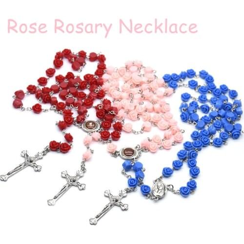 New Style Beautiful Rosary Resin Rose Bead Virgin Mary Catholic Christian Wedding Prayer Religious Jewlery Heart-shaped Necklace