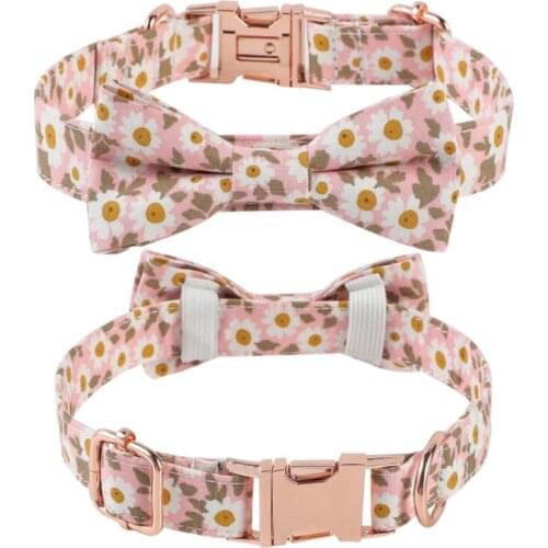 Dog collar for girl flower for big, small dog cotton fabric collar with rose gold metal buckle