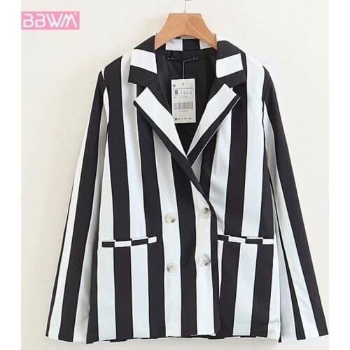 Womens Long-sleeved Overcoat, White And Black Striped Suit, Korean Fashion, Autumn 2019 Professional Feminine Jacket