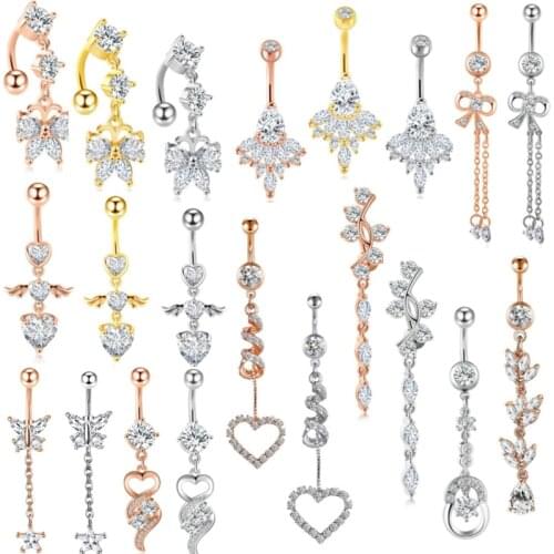 1PCS Stainless Steel Heart Belly Button Ring 14G Butterfly Belly Piercing Jewelry Crystal Navel Piercing Dangle Piercing Ombligo