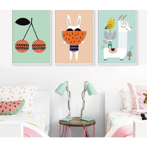 Spray Color Cartoon Animal Bird Rabbit Teapot Umbrella Girl Flower Balloon Canvas Painting Wall Picture Poster Kids Room Decor