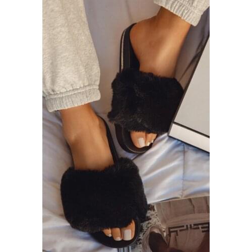 Rhinestone Furry Slippers Women Fur Home Fluffy Sliders Plush Furry Summer Flats Sweet Ladies Shoes Size 37-41 Purple Rose Color