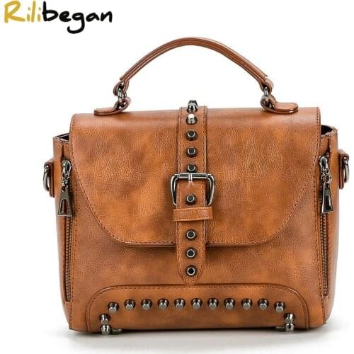 New Fashion Rivet Top-Handle Bag Women Handle Handbags Vintage Leather PU Women Crossbody Shoulder Bags Ladies Handbag