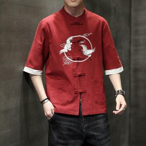 Summer Crane Embroidery Top Traditional Chinese Clothing For Men Vintage Shirts Asian Streetwear Tang Suit Kung Fu Clothes 30453