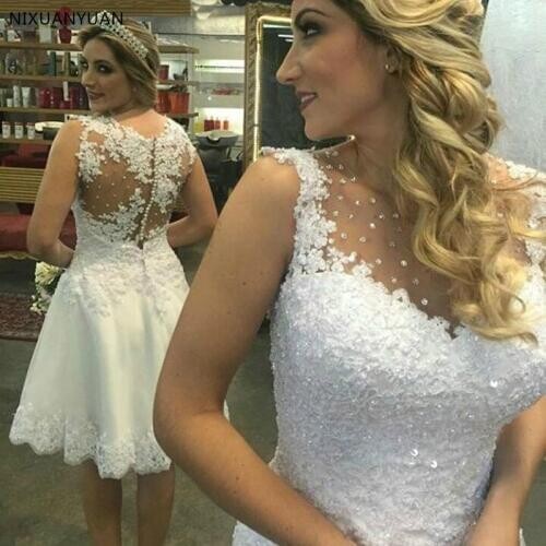 Vintage White Lace Appliques Short Wedding Dresses Sheer Back Buttons Cheap Short Wedding Gowns Robe De Soiree