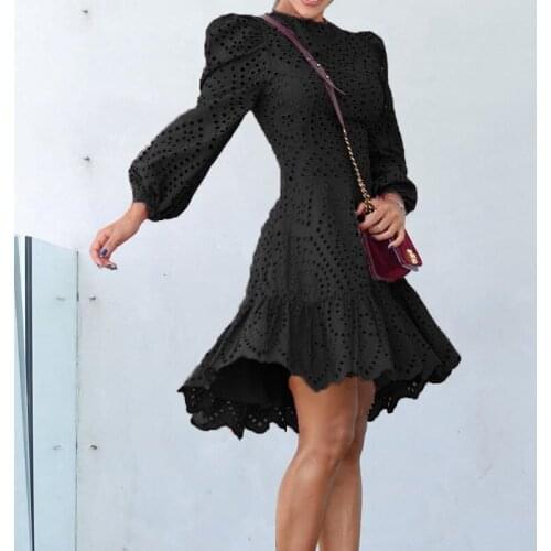 Vintage Women Solid Slim Full Lantern Sleeve Dress Summer Hollow Out Casual Round Neck Dress Elegant Female Mini Outdoor Dress