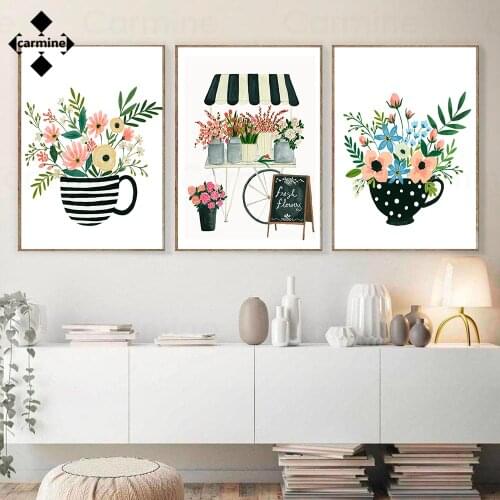 Vintage Tea Cups Flower Canvas Posters and Prints Nordic Painting Modern Art Picture for Kitchen Dining Room Wall Decor No Frame