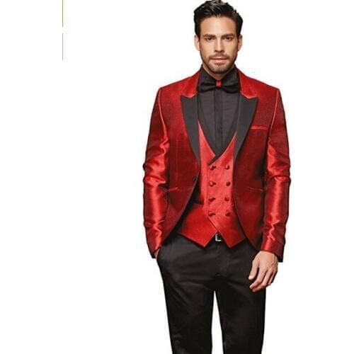 High Quality One Button Shiny Red Groom Tuxedos Peak Lapel Groomsmen Mens Wedding Prom Suits (Jacket+Pants+Vest+Tie) NO:53