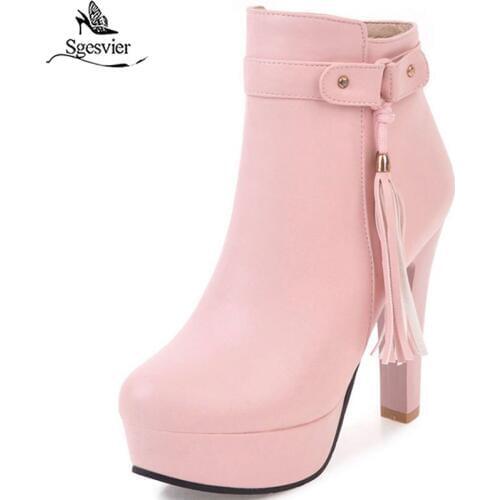 Sgesvier Women Autumn Boots Platform High Heel Boots Zip Ankle Boots Round Toe Tassel Ladies Shoes Plus Size 43 botas mujer G601