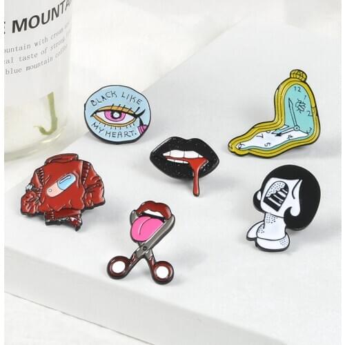 Women Face Enamel Pins Sexy black lips Cut tongue Badges Red Pill coat Twisted clock Lapel Pins Brooches for women Girls Jewelry