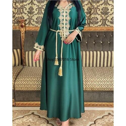Satin Maxi Dress for Women Elegant Ethnic Embroidery Gilding Jalabiya Muslim Dubai Arabic Moroccan Kaftan Robe Green