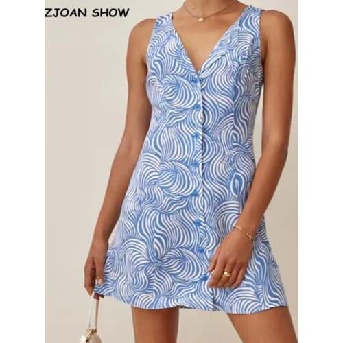 2021 Retro Blue white Zebra Striped Print Mini Dress Sleeveless V neck Slim Tie bow Sashes Short Tank Dresses Woman Holiday Robe