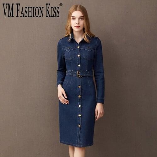 2021 Womens European And American Style Long-sleeved Dress Slim And Thin Long Denim Single-breasted Jacket Clothes Plus Size