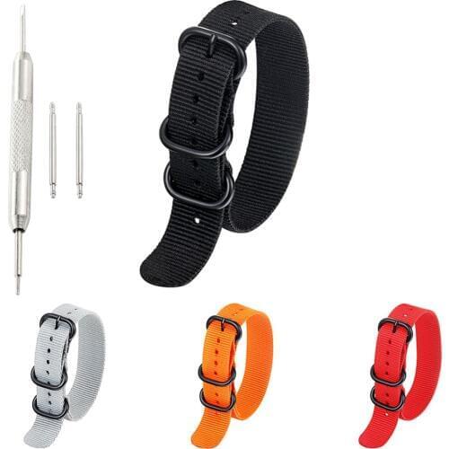 1pc Top Quality 20mm 22mm 24mm Nylon Strap Strap Wristband 5 Ring Black Silver Button Watch Accessories KZfashion