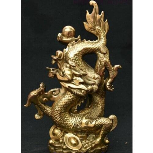 14" Chinese Folk Feng Shui Copper Brass Wealth YuanBao Coin Dragon Beast Statue