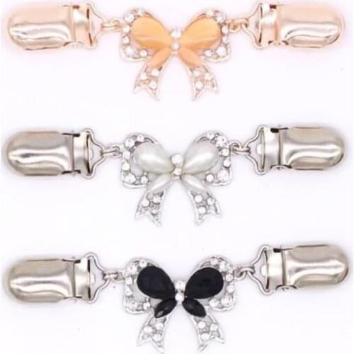 Bowknot Shape Pearl Rhinestone Brooch Clip For Sweater Shawl Keeper Collar Buckle Holder Garters Garment Accessories Jewelry
