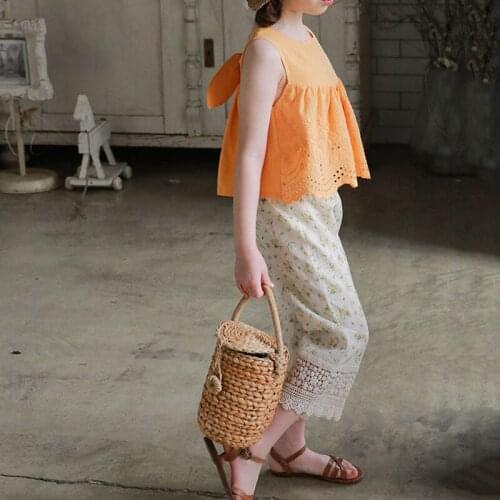 Children Printing Flower Pants Girls Leggings Children Hollow Out And Elastic Waist Girls Straight Pants Kids Casual Loose Pant