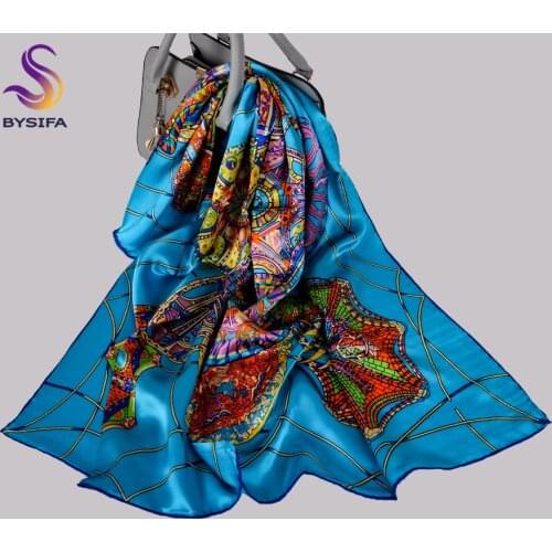 BYSIFA|Blue 100% Pure Silk Scarf Shawl Women Fashion Winter Square Scarves Printed 90*90cm Brand Snail Flower Design Neck Scarf