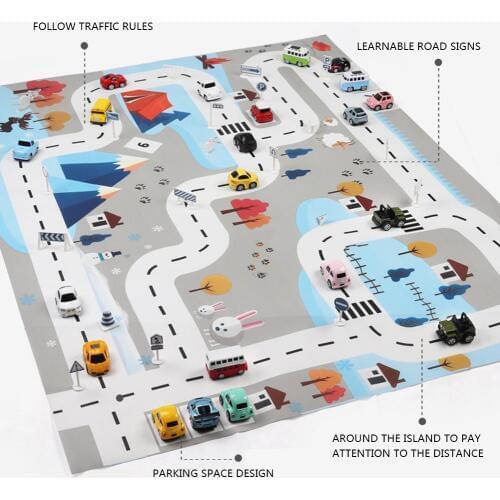 Nordic Style Childrens Traffic Parking Map, Car Play Mat, Pull Back Alloy Material, ABS Road Sign Material Not Afraid Of Water