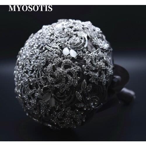 European Rhinestones Wedding Bouquet Luxury Crystal Satin Roses Flowers Round Bunch