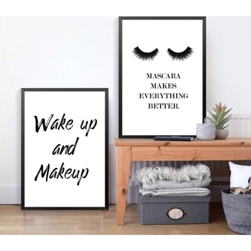 Wake Up and MakeUp Quote Canvas Art Prints , Beauty Decor Canvas Painting Mascara Poster Girls Room Makeup Art Prints