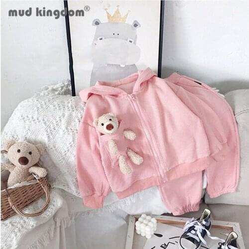 Mudkingdom Cute Girl Pants Set Bear Loose Hooded Zipper Jacket Outerwear Solid Jogger Kids Spring Autumn Outfits Spring Autumn