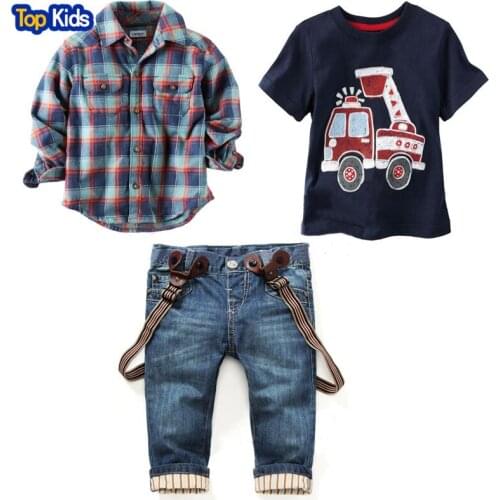 2019 Childrens clothing sets for spring Baby boy suit Long sleeve plaid shirts+car printing t-shirt+jeans 3pcs suit CCS350