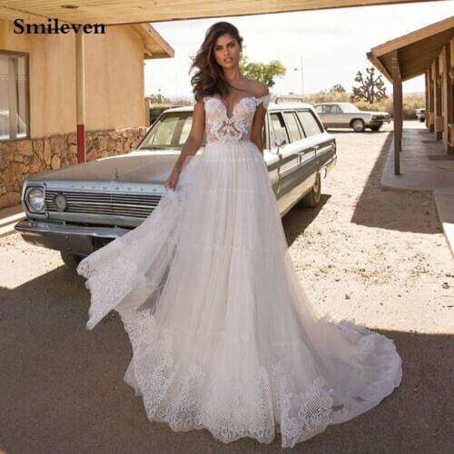 Smileven Turkey Lace Wedding Dress A Line Nude Top Lace Bride Gowns Boho Bride Dress Vestido De Noiva