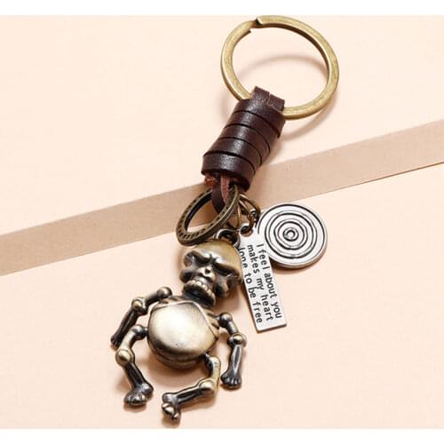 Cartoon Robot Bronze Skull Keychain Charms Keyring Handmade Genuine Leather Car Key Chain Accessories Best Friend Gift