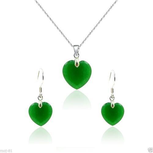 New Fashion Jewelry Natural Green stone Heart Shape Pendant Necklace Earring Set
