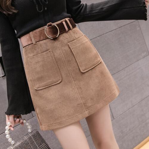 Autumn Winter A Line Corduroy Skirt Women Korean High Waist Mini Skirts Belted Pocket Saias Ladies Short Skirts Jupe Femme