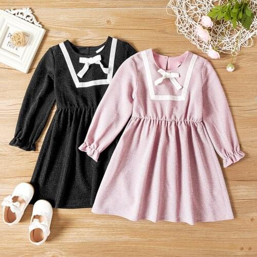 PatPat Toddler Girl Round-collar Glitter Bowknot Decor Ruffle-sleeve Dress