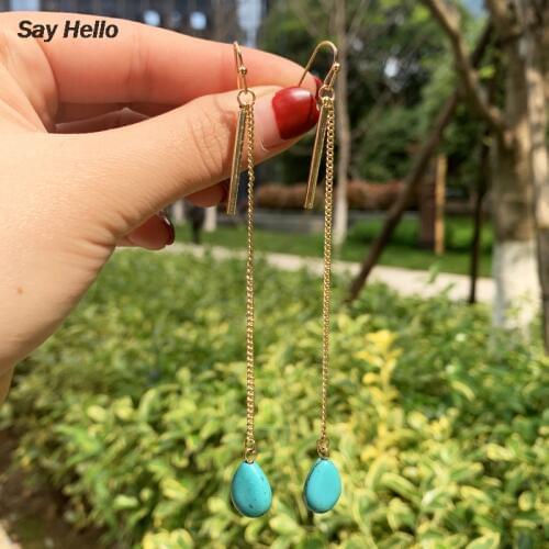 SAY HELLO Boho Green Turquoises Tassel Long Dangle Earrings for Women Female Metal Hook Earring Drop Earrings Gift Brinco C20402