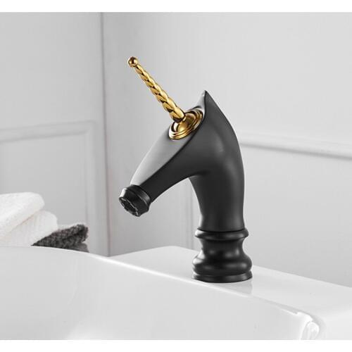 LIUYUE Basin Faucets Brass Black Unique Fashion Unicorn Head Design Bathroom Basin Faucet Deck Mounted Cold Hot Water Mixer Tap