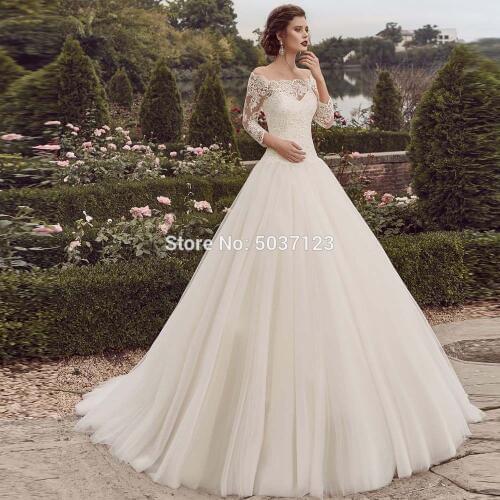 Off the Shoulder Wedding Dresses A Line 2020 Long Sleeves Lace Appliques Bridal Wedding Gown Vestido De Noiva Button Illusion