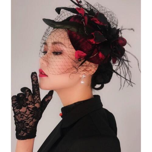 Wine red dress headdress The Princess of England Celebrity Evening Hat Cheongsam Hair Horse Club Velvet screen cap