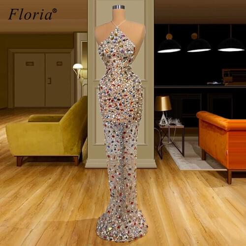Haute Couture Crystals Prom Dresses Mermaid Long Halter Sexy Evening Dresses Illusion Wedding Party Dresses Robe Longue Vestidos