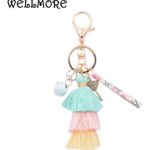 WELLMORE 2017 leather,Cloth ball,key,long tassel colorful alloy Key Chain For Women Girl Bag Keychain wholesale jewelry