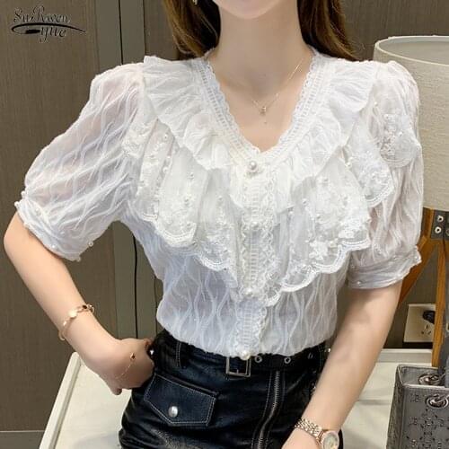 Casual Loose Beading Lace Shirt 2021 Summer New Korean Fashion Chic Ruffle Blouse Hollow White Cotton Women Tops Blusas 15536
