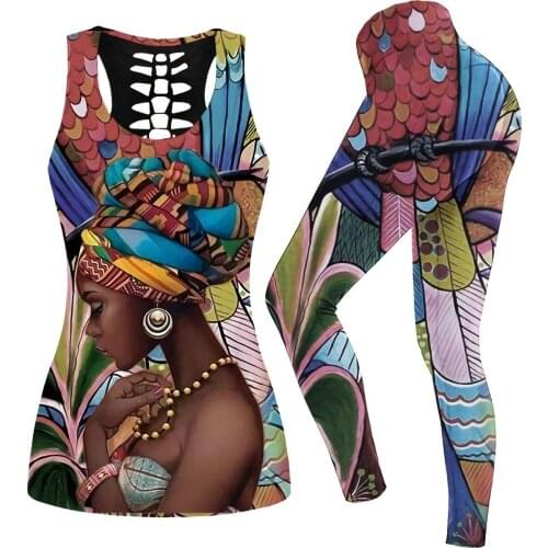 Ladies Summer Wear 2021 Natural Leaf Love 3D Printing Fitness Ladies Yoga Set Hollow Vest Tights Set High Waist Elastic Sports