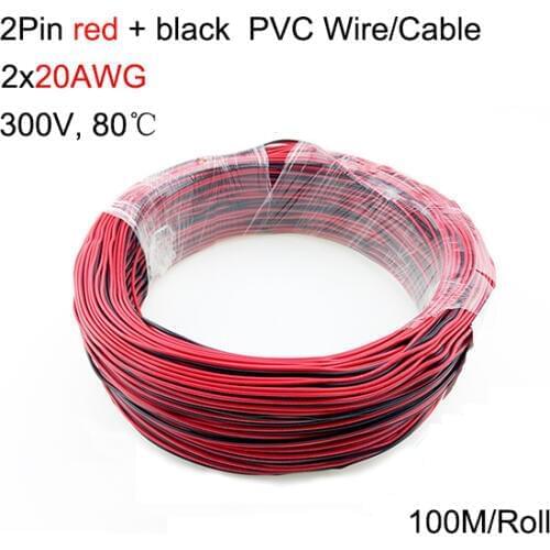 100m/Roll 2x20AWG PVC Wire Red+Black 2Pin Single Color LED Strip Extension Extend Connector Cable Cord For 5050 3528