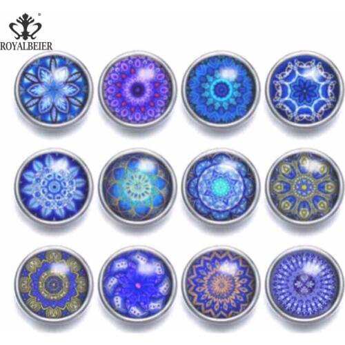 12pcs Glass Charms 12mm Snap Button Blue Kaleidoscope Flower Theme Fit Snap Bracelet 12mm Snap Earrings Snap Jewelry KZ0947e