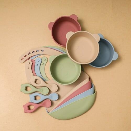 3Pcs Set Baby BPA Free Waterproof Silicone Spoon Feeding Bowl Bibs Sets NonSlip Self Feed Soild Tableware Baby Products