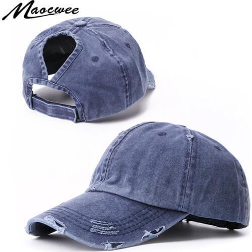 Retro Baseball Cap For Women Men Outdoor Sports Washing Hat With Ponytail Holes Solid Color Simple Brim Hat Old Curved Brim Caps