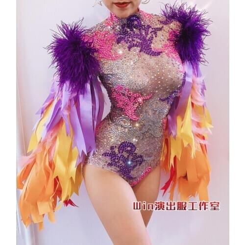 Fashion Stage Wear Ribbon Strip Feather Sleeve Rhinestone Bodysuit Women Nightclub DS Bar Party Outfit Performance Dance Costume